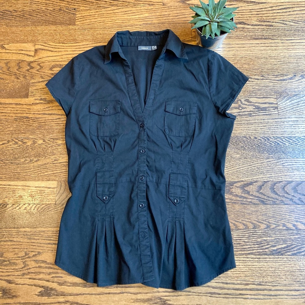 Retro MEXX Short Sleeve Black Blouse. Size 38 (Small)